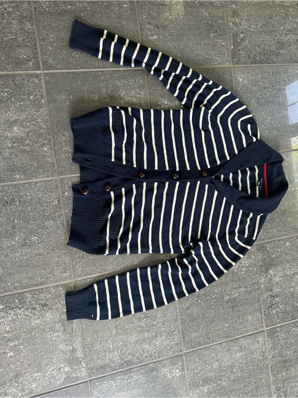 Tommy Hilfiger Navy and White Striped Shawl-Collar Cardigan